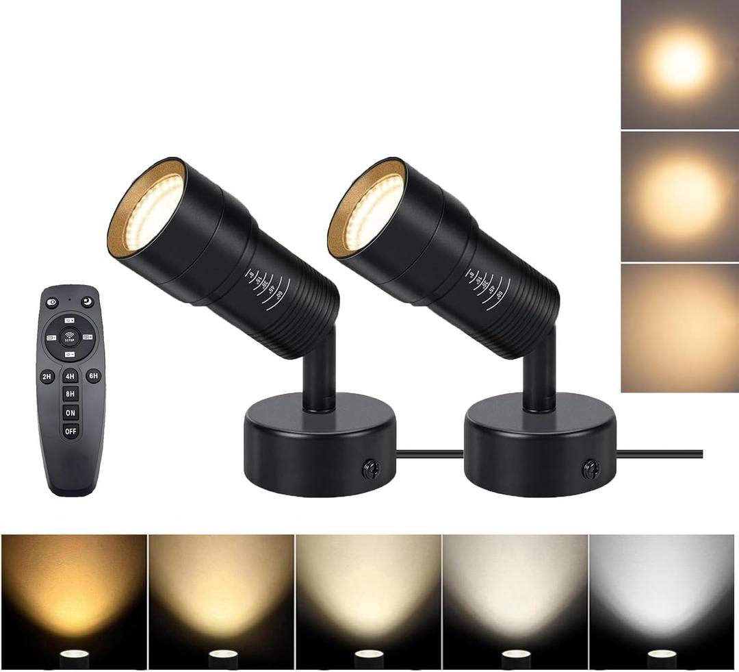 Zoomable LED Spot Lights Indoor 2700K-6500K Adjustable 8W Accent Uplights Floor Desktop Spotlight Wall Ceiling Mounted for Plants Pictures Artwork 5.9 FT Cord with Switch (2Pack)