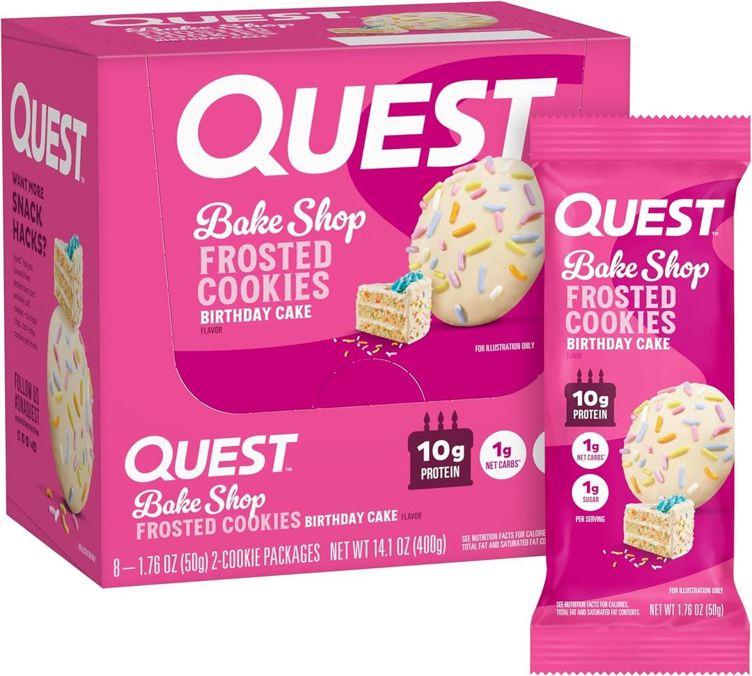 Quest Nutrition Frosted Cookies Twin Pack, Birthday Cake, 1g Sugar, 10g Protein, 2g Net Carbs, Gluten Free, 8 Count(Pack of 1), Best By: 04/05/26