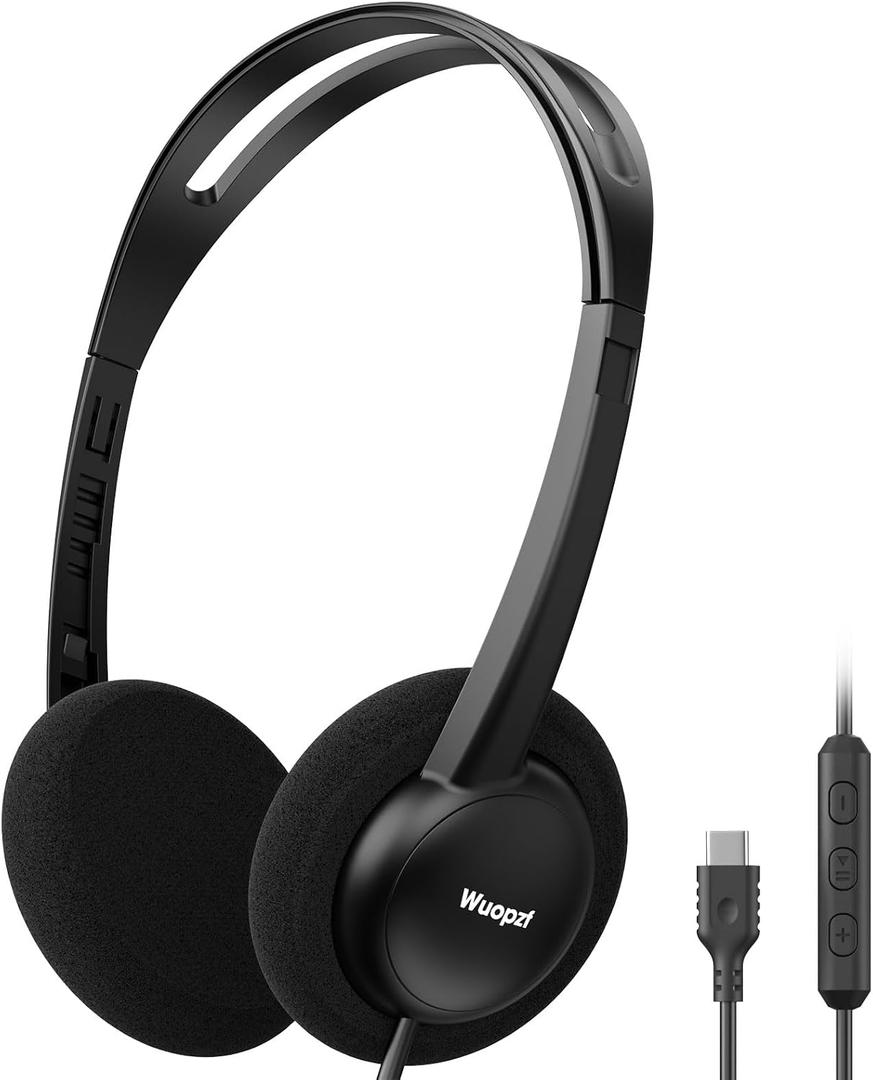 USB-C Wired on-Ear Headphones with Microphone & in-Line Control, Comfort Foam Pads, Adjustable Headband for Kids, Teens, Adults, Compatible with Type-C Phone, Tablet, Laptop, PC