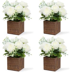 Dining Table Centerpiece Set of 4 - Artificial Peony Flowers with Wooden Vase - Boho Fake Rose Bouquets Small Faux Silk Floral Arrangement for Wedding Party Bathroom Home Dcor, White