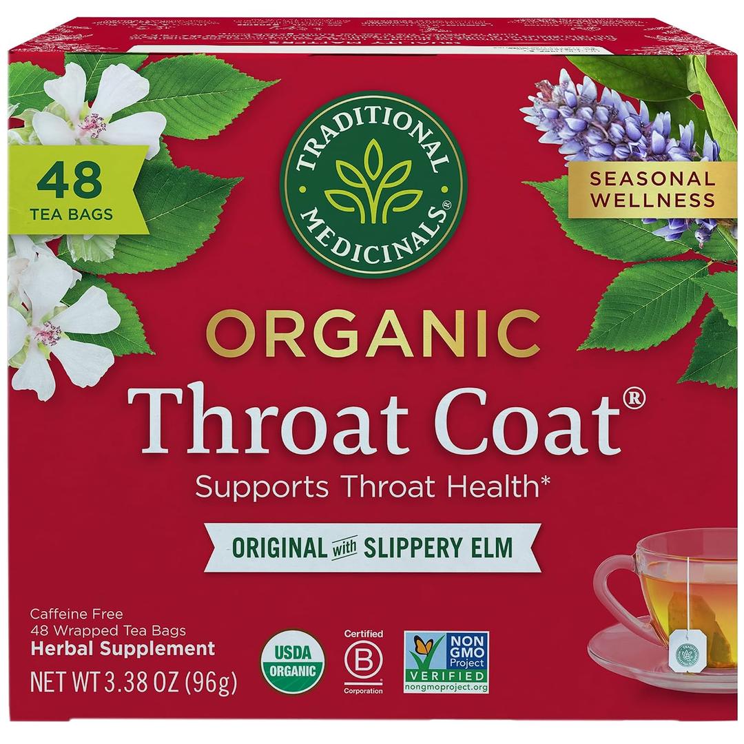 Traditional Medicinals Organic, Throat Coat Tea, Original with Slippery Elm - Supports Throat Health - Kosher, Non-GMO, Caffeine-Free, Compostable - 48 Tea Bags (EXP 03/20/28)