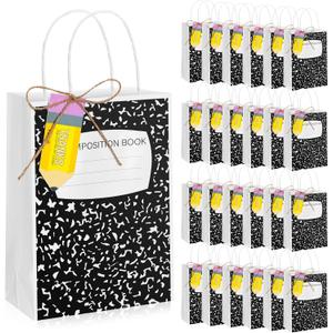 Kolldenn 24 Sets Teacher Appreciation Gift Bags with Handles Thank You Teacher Gifts Composition Book Treat Tote Bags with Pencil Tags for End of Year Graduation School Staff, 5.9" x 8.3" x 3.2"