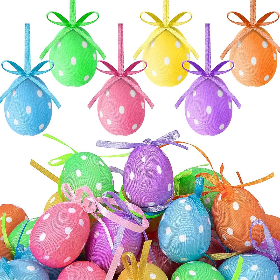 30 Pcs Mini Fabric Wrapped Easter Eggs Hanging Ornaments with Bow - Dots Decorations for Party, Birthday, Home, Garden