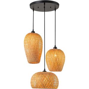 Rustic Rattan Pendant Light Fixture 3-Lights Farmhouse Bamboo Pendant Lighting Wicker Lamp Basket Woven Shade Chandelier for Dining Room Kitchen Island Living Room Bedroom