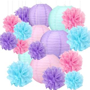 18pcs Blue Paper Lanterns Decoration Purple Blue White Hanging Dcor Pom Poms Paper Flower Party Supply for Baby Shower Wedding Valentine Birthday Party