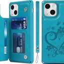 iCoverCase Compatible with iPhone 13 Wallet Phone Case with Card Holder for Women, RFID Blocking Embossed PU Leather Wrist Strap Case 6.1 Inch (Heart Blue)