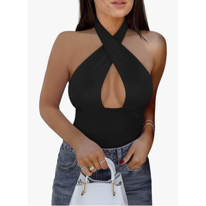 REORIA Butsmooth® Women's Trendy Sexy Casual V Neck Double Lined Sleeveless Slimming Going Out Tank Top Bodysuits, Black, S