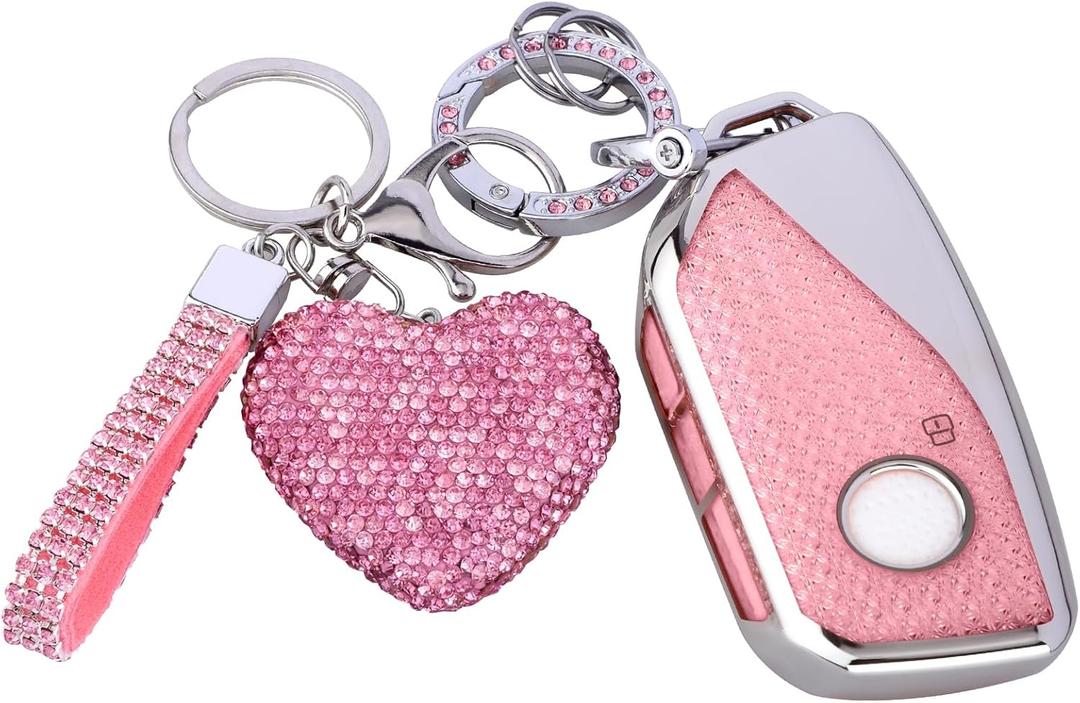 Compatiable with BMW key fob cover with Diamond Bling Keychain, Car Accessories Key holder Shell Compatiable with BMW 2023 2024 7 Series 740 760i I5 I7 IX X1 X5 X6 X7 XM,Silver Pink