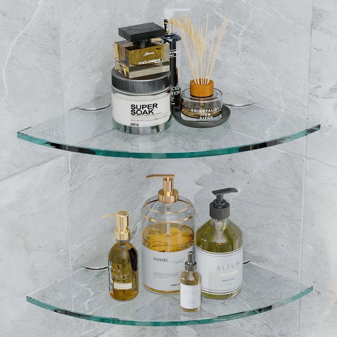 2 Sets Glass Shower Shelves - Corner Shower Shelf Organizer for Soap & Shampoo, Adhesive Bathroom Shelf, No Drilling