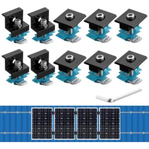Anbte 10 PCS Solar Panel Mounting Brackets for Unistrut, Aluminium 30mm/35mm 6 x T-Shaped Mid Clamps + 4 x End Clamps, Solar Panel Mounting Kit for Metal, Tin, Flat, Sheet Roofs, RV, Black