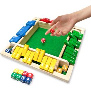 Shut The Box Game, 4-Player Wooden dice Game with 8 Dice and Shut-The-Box Instructions for Kids Adults, Educational Family Game for Learning Addition & Strategy  Montessori Toy Gift for Ages 4+
