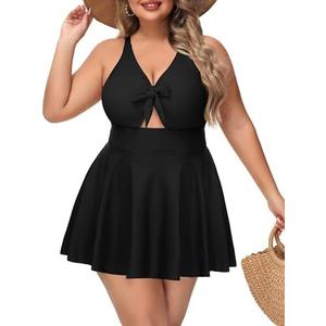 Womens Plus Size One Piece Swimsuit with Skirt V Neck Cutout Flowy Swim Dress Tummy Control Bathing Suit 14W