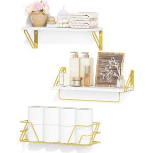 SRIWATANA 2+1 Floating Shelves for Wall, Bathroom Shelves Over Toilet with Metal Bar, Wall Shelves with Storage Wire Basket, Wood Shelves for Bedroom, Living Room, Kitchen (White & Gold)