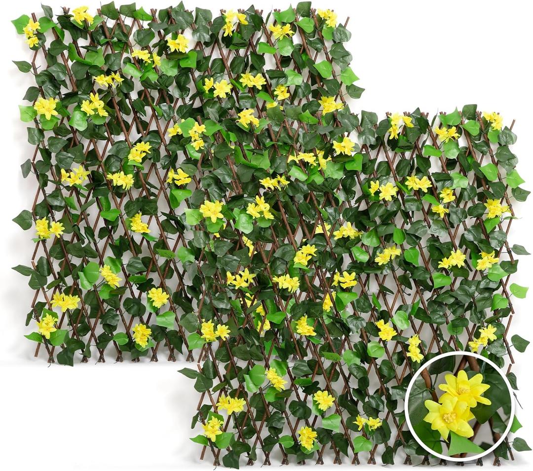 DOEWORKS Expandable Fence Privacy Screen for Balcony Patio Outdoor, 2PCS Faux Ivy Fencing Panel for Backdrop Garden Backyard Home Decorations (Yellow)