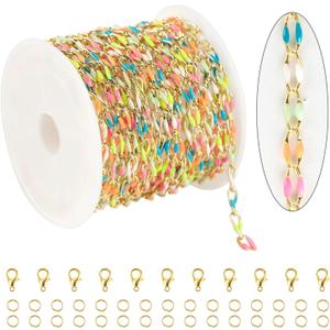 KYUNHOO 4 Meters Colorful Oil Drip Cable Chain for Jewelry Making, 16K Gold Plated Brass Chain Mixed Color Enamel Chain Necklace Women Bracelet DIY Jewelry Supplies Findings