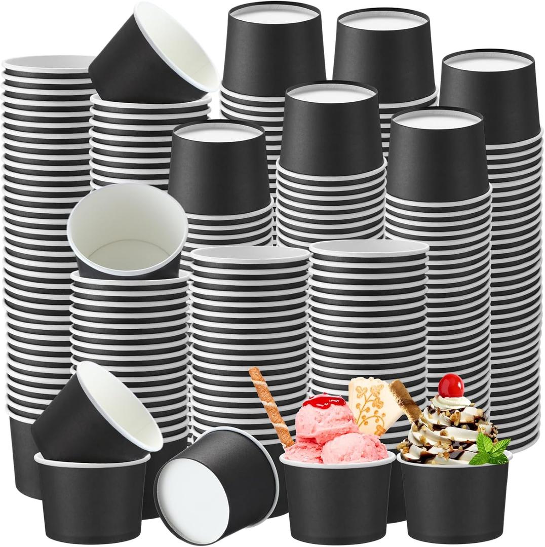 Honeydak 400 Pack 150 ml/ 5 oz Ice Cream Cups for Party Small Ice Cream Cups Disposable Treat Paper Dessert Snacks Sundae Container Wedding Birthday Party Supplies (Black,Simple)