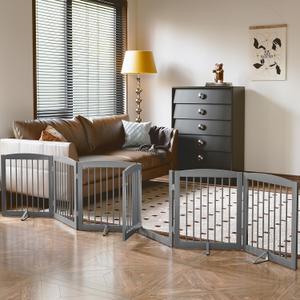 PUPETPO Freestanding Pet Gates with Walk Through Door, Dog Indoor Fence, Dog Gate for The House, Doorway, Stairs, Extra Wide Pet Gate, Support Feet Included, 120 Inch Wide, 6 Panels 24" Tall, Gray