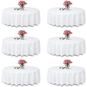 6 Packs White Round Tablecloth -90inch,100% Polyester Fabric Washable Table Clothes for Wedding/Party