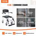 VEVOR Shower Commode Wheelchair with 4 Lockable Wheels, Footrests, Flip-up Arms, 3-Level Adjustable Height, 5L Removable Bucket, 350 LBS Capacity, Commode Chair for Adults Seniors