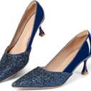 Women's Kitten High Heels 2 Inch Sequin Pointed Toe Leather Pumps Comfortable Slip On Wedding Party Dress Stilettos Shoes, Blue Glitters, US 10