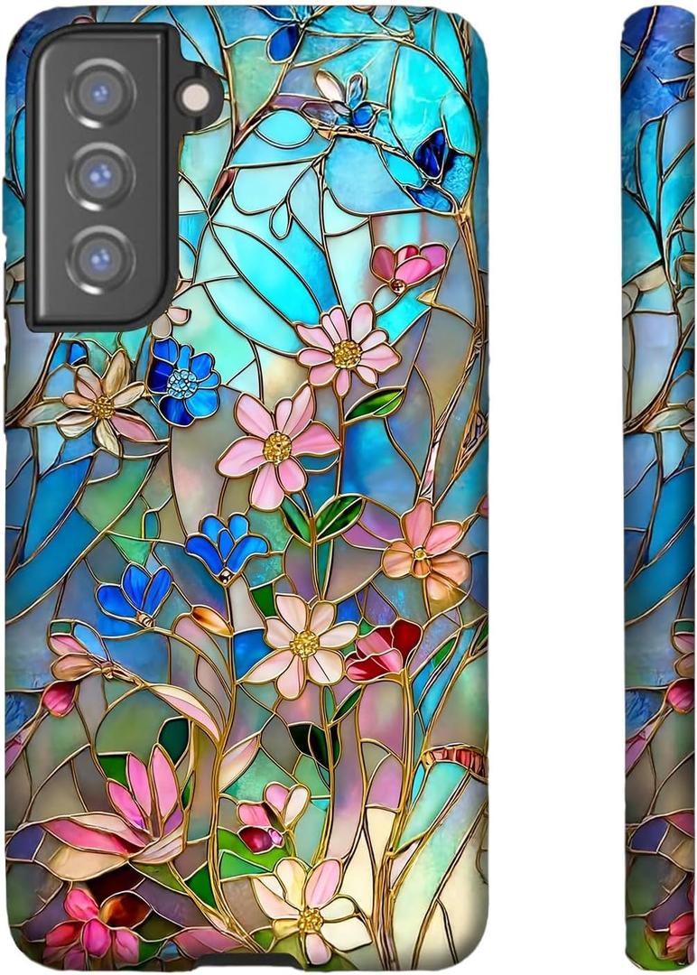 for Samsung Galaxy S23 - Dual-Layer Hard Shell + Silicone Cover - Shockproof Protective Phone Case for Women Girls- Stained Glass Bloom Flower