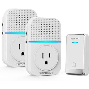 TECKNET Wireless Doorbell, Self-Powered Doorbell, 0-110db Plug-through Wireless Doorbell Ringer for Homes Classroom, IP66 Waterproof 1300ft Door Chime with Extra Socket, 60 Chimes, LED Light (White)