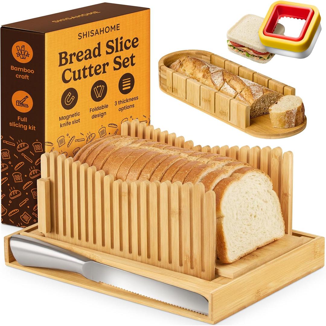 Bread Slicer Guide for Homemade Bread 3-In-1 Set: Sourdough Rounds Slicer, Baguette Cutter & Sandwich Sealer | Bread Loaf Slicing, Adjustable Bamboo Bread Cutter With Knife & Magnetic Slot