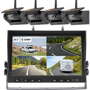 10.1" - 4 Magnetic Solar Wireless Backup Camera System, HD 1080P DVR Monitor, RV Wireless Cameras for Hitch Towing RV Camper Trailer, IR Night Vision, 4x9600mAh Rechargeable Battery, SR4