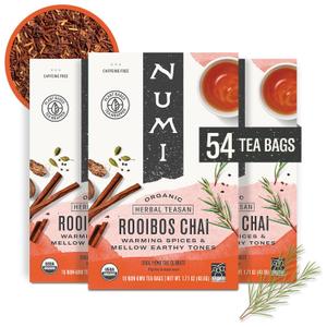 Numi Organic Rooibos Chai Tea Bags, 18 Tea Bags (Pack of 3), Red Tea with Cinnamon, Allspice & Ginger, Caffeine Free, BBD 06/28