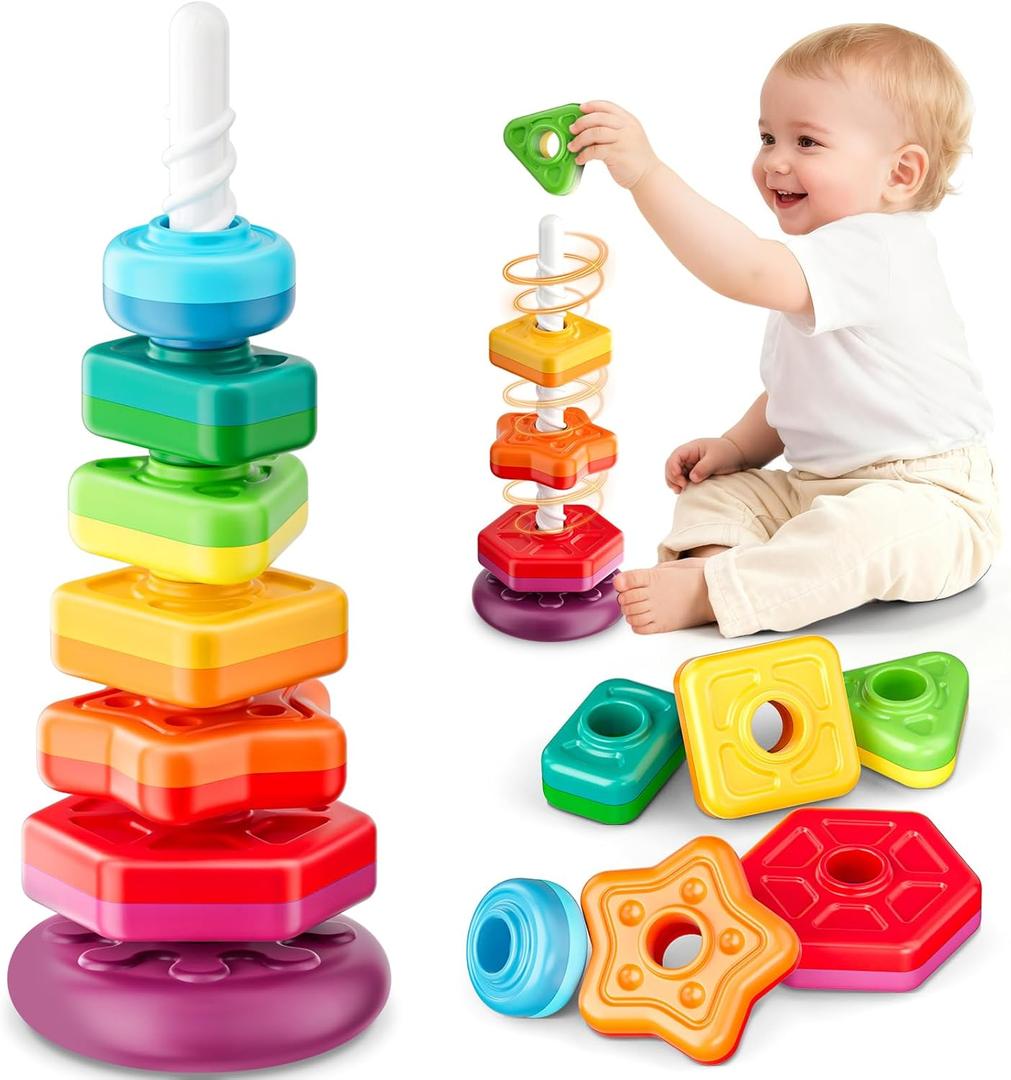 Baby Spinning Stacking Toys for Toddlers 1-3, Sensory Montessori Toys for One Year Old Girl Boy, Rainbow Ring Stacker Tower, Educational Learning Toy, Perfect Easter Christmas Birthday Gifts