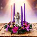 6 Pcs Christmas Advent Wreath Candle Holder with 4 Pcs Flameless Candle Christ Holy Family Statue Candlestick Wreaths Holder Centerpiece for Christmas Home Church Table Decor(Purple,Long)
