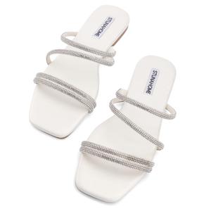 STUNAHOME Women's Rhinestone Thong Flat Sandals Open Toe Slide Sandals with Square Toe Bling Strap