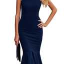 PRETTYGARDEN Women's Elegant Midi Bodycon Dress Sleeveless Backless Ruffle Hem Mermaid Formal Cocktail Wedding Guest Dresses (Navy,Large)