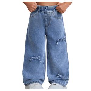 WDIRARA Girls' Bow Decor High Waisted Jeans Straight Leg Elastic Casual Denim Long Pants Light Wash 5Y
