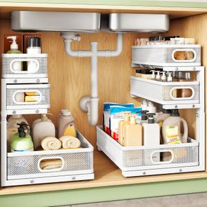 Kitstorack Under Sink Organizer, 2-Pack 3-Tier Height Adjustable Thickened Metal Pull out Cabinet Organizer Shelf, Slide out Storage Drawer Rack for Bathroom Kitchen Pantry Home Laundry Organization (White)