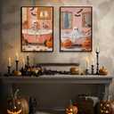 2Pcs Halloween Ghosts Canvas Wall Art Skeletons and ghosts in the bathtub Wall Decor Pictures Vintage pink Fall Pumpkins Posters Prints for Bathroom Gallery Home Decor Unframed