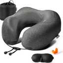 MLVOC Travel Pillow 100% Pure Memory Foam Neck Pillow, Comfortable & Breathable Cover, Machine Washable, Airplane Travel Kit with 3D Contoured Eye Masks, Earplugs, and Luxury Bag, Standard (Black)