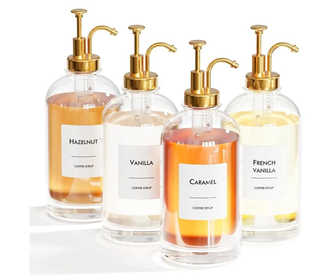 16.9 oz (500 ml) Coffee Syrup Dispenser Set- 4 Glass Bottles with Gold Pumper and Syrup Labels - Precise Dispensing and Stylish Addition to Coffee Shop, Cafe or Home Bar