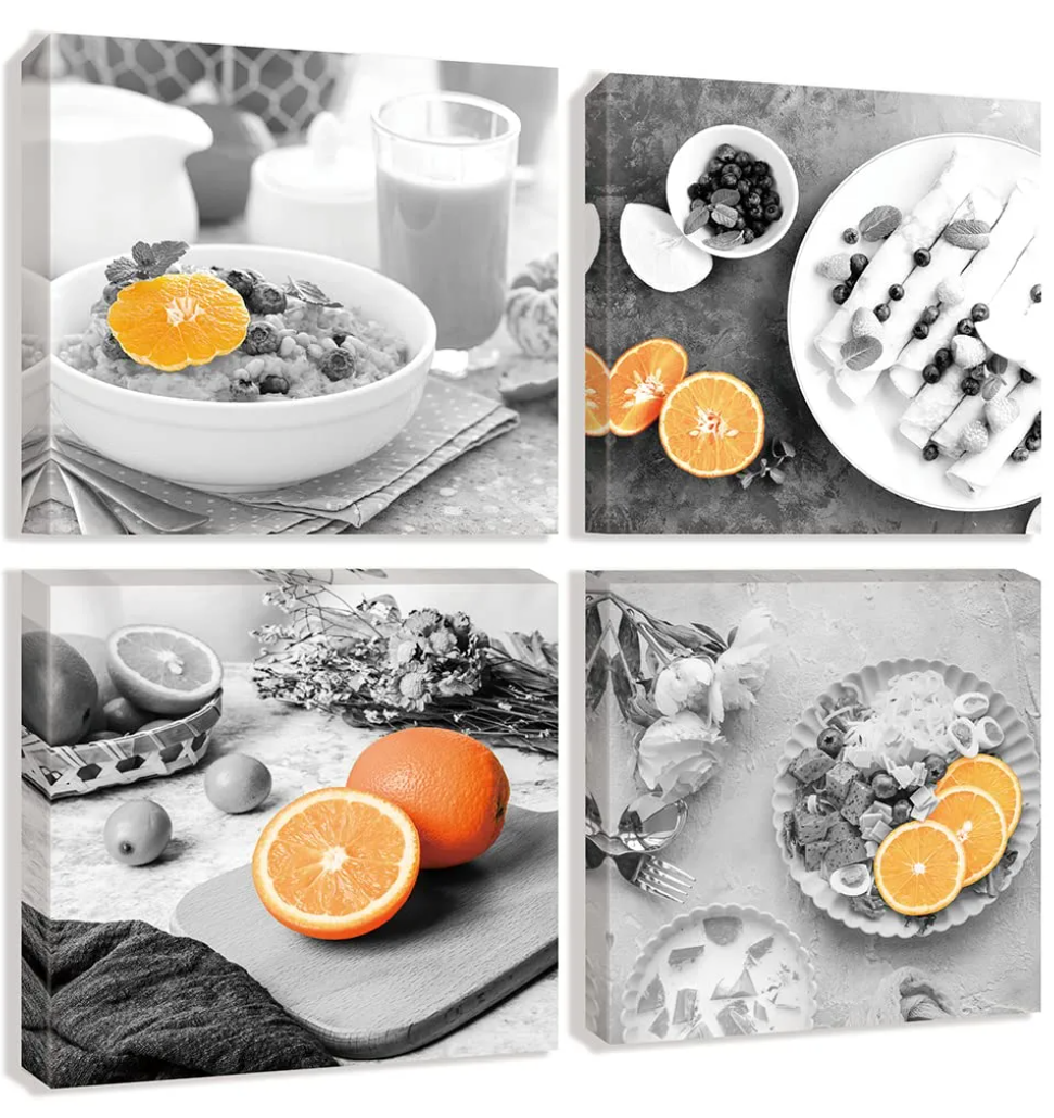 Kitchen Canvas Wall Art Black and White Food Prints Fruit Oranges Art Painting Pictures Abstract Still Life Artwork 4 Panels Framed Pictures