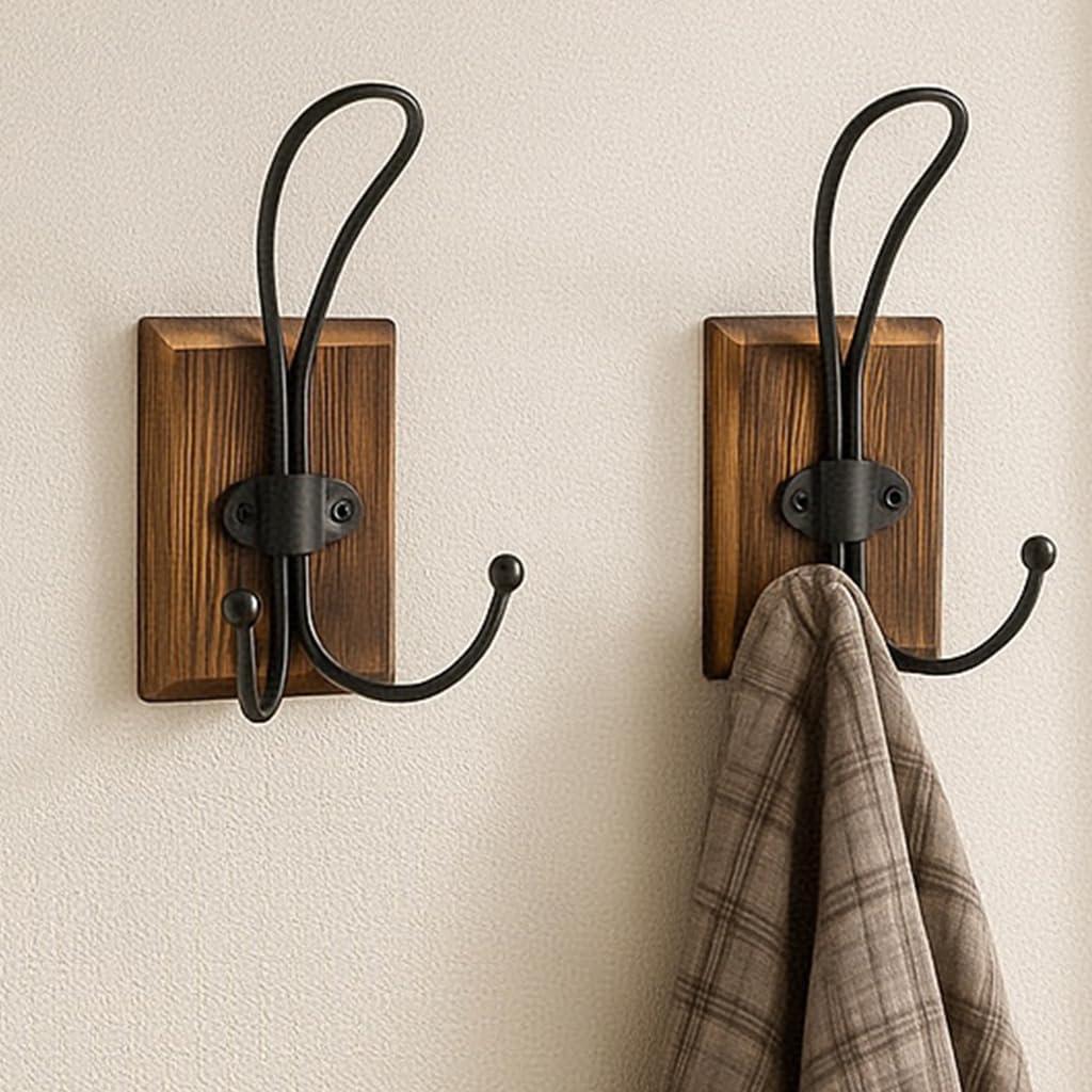 2-Pack Rustic Wood Wall Hooks - Wall Mounted or Adhesive Coat Rack for Bathroom Towels Robes - Farmhouse Modern Decorative Entryway Hangers for Hats Keys Purses Bags, Brown