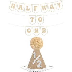 6 Months Birthday Decorations, Beige Half 1/ 2 Birthday Decorations With Half Way To One Banner And 1/ 2 Bir-thday Hat For Six Months Ha-Lf Year BD Decor-ations Boy Girls