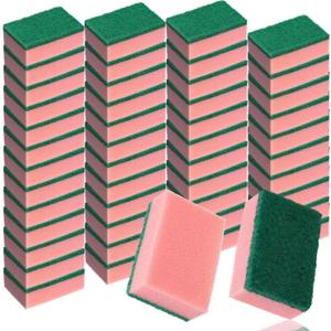 Patelai 100 Pcs Heavy Duty Sponges Kitchen Bulk Dish Sponges Scrub Sponge Abrasive Scrubber Cleaning Sponge Non Scratch Scouring Absorbent Dish for Washing Kitchen (Pink)