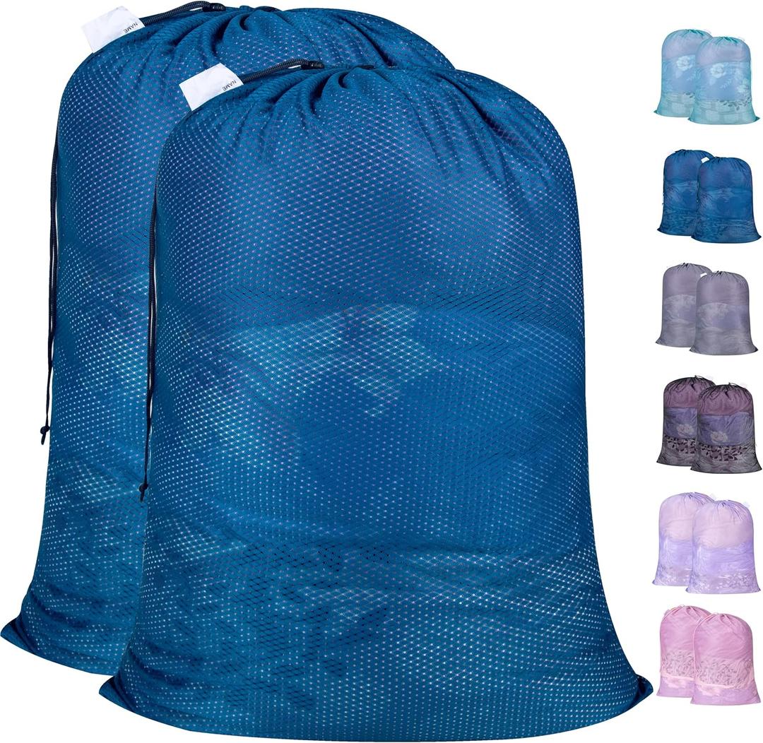 Polecasa Extra Heavy Duty Large Diamond Mesh Laundry Bags with Drawstring Closure & ID Tag, 2 Pack 24 x 36 inches Washable Storage Bag for College, Travel, Sports, Dorms, Blue