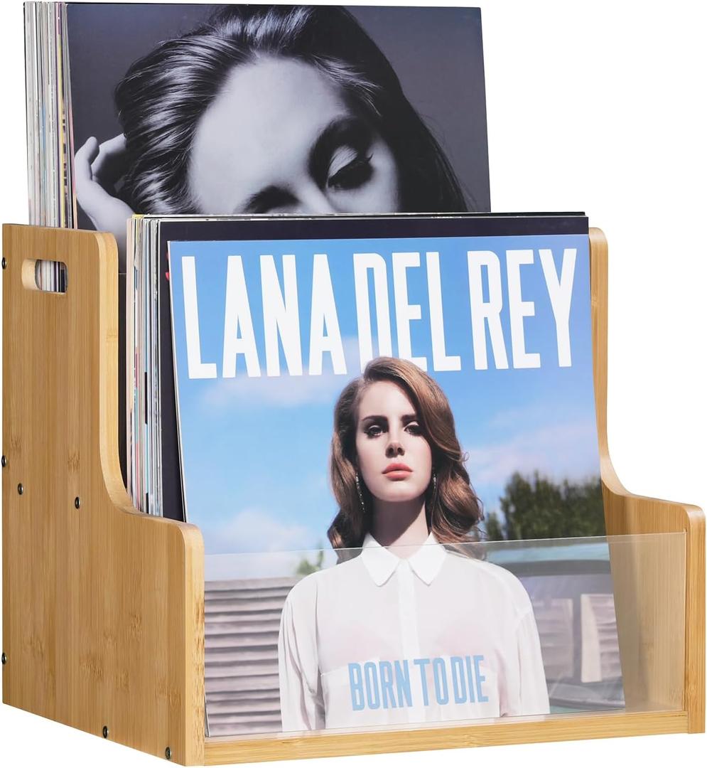 HOOBRO Vinyl Record Storage Crate, Stepped 2-Tier Record Crate, Album Storage Box, Visible Record Holder Crate with Handle, for Vinyl, Magazine, Folder, Album, Natural YL02CW01