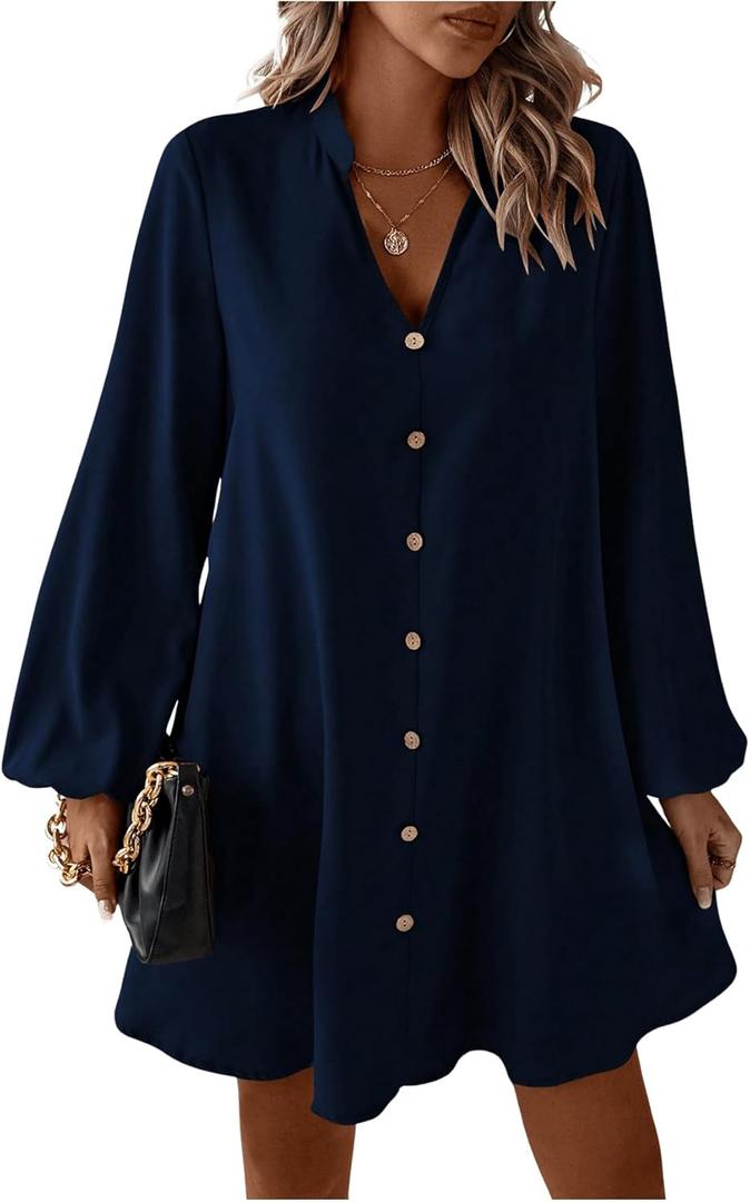 SweatyRocks Women's V Neck Pullover Shirt Dress A Line Long Lantern Sleeve Flared Loose Mini Dresses (Small, Blue)
