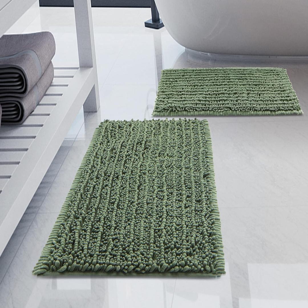 Luxury Chenille Sage Green Bathroom Rugs Sets 2 Piece, Thickened Hot Melt Rubber Bottom Bath Mats for Bathroom Non Slip,Bath Rugs Quick Dry Machine Washable for Shower Mat (32"x20"+17"x24")