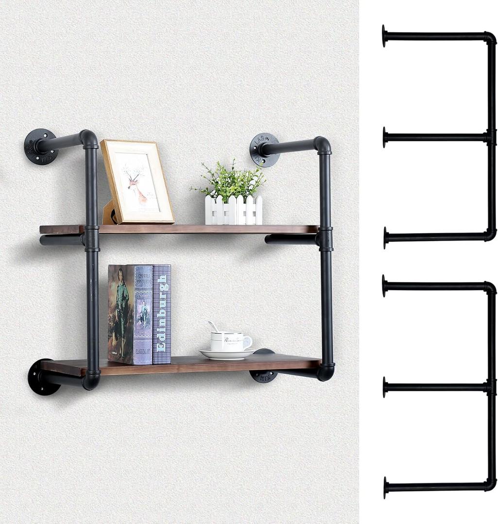 Industrial Pipe Shelving Wall Mounted,Black Pipe Shelves Iron Pipe Shelf Bracket,Wall Shelves(2Pcs X 3Tier,29" Tall,14" Deep,Hardware Only), Black 