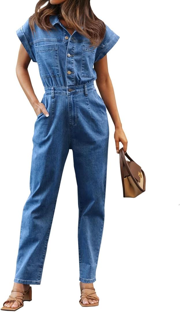 Tongmingyun Women's Cap Sleeve Denim Jumpsuit Button Down Straight Leg Jeans Long Pants Rompers with Pockets (Blue) S