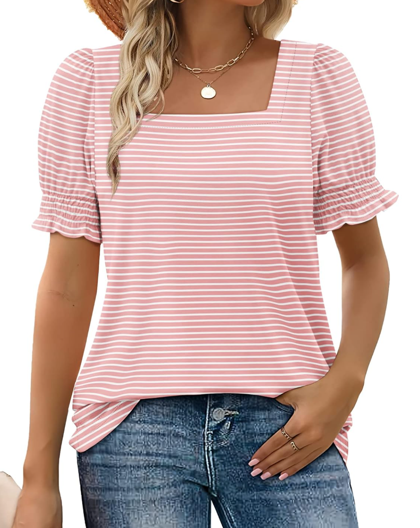 WIHOLL Tops for Women Summer Casual Ruffle Trim Sleeve Square Neck T Shirts S