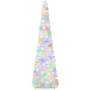 5Ft Pop Up Christmas Tree with Lights, Collapsible Pencil Tree White, Skinny Christmas Tree Slim Xmas Tree, Artificial Tinsel Tree Foldable for Home Apartment Holiday Party Winter Decor